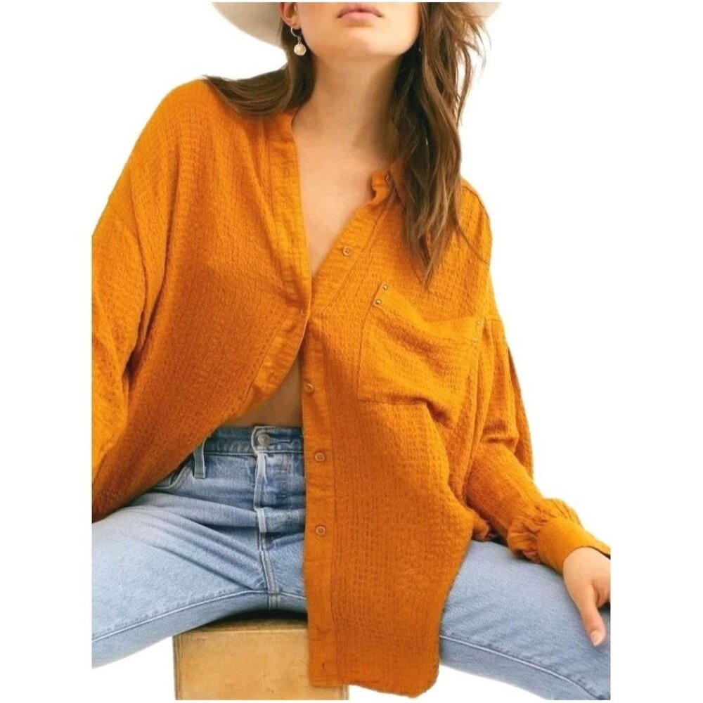 NEW Free People We The Free Autumn Pearl Textured Button Up Oversized Shirt Top‎